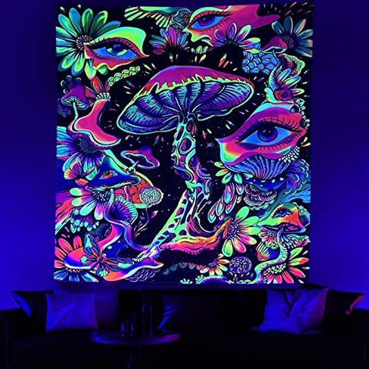 Simpkeely Blacklight Mushroom Tapestry, Trippy Eyes Floral Tapestry UV Reactive Neon Tapestries Posters Glow in the Dark Party Backdrop for Bedroom Dorm Living Room