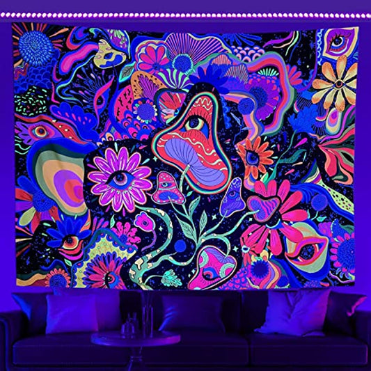 Simpkeely Aesthetic Tapestry Blacklight Hippie Mushroom Floral Tapestry Wall Hanging Flower Tapestry Colorful UV Reactive Tapestries for Bedroom